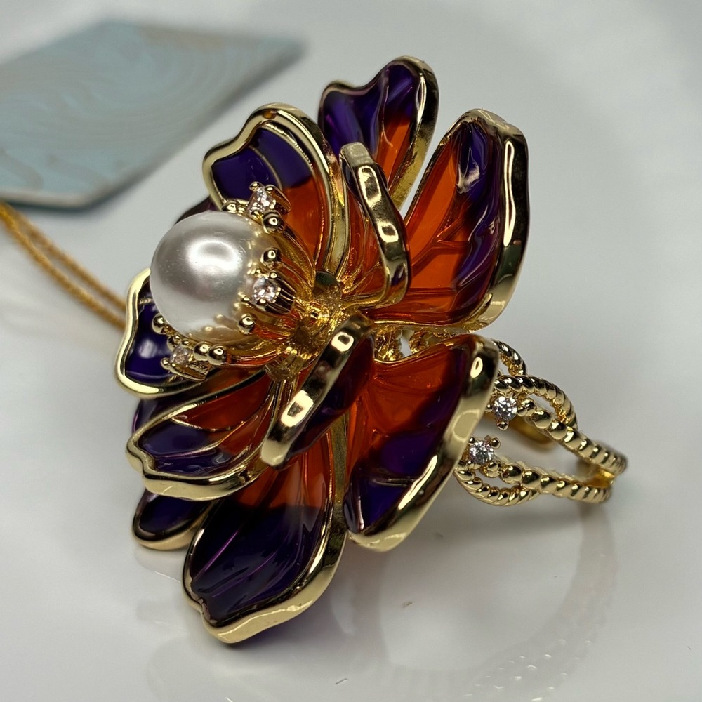 Elegant Peony Flower Ring Goldtone w/ Faux Pearl Accent